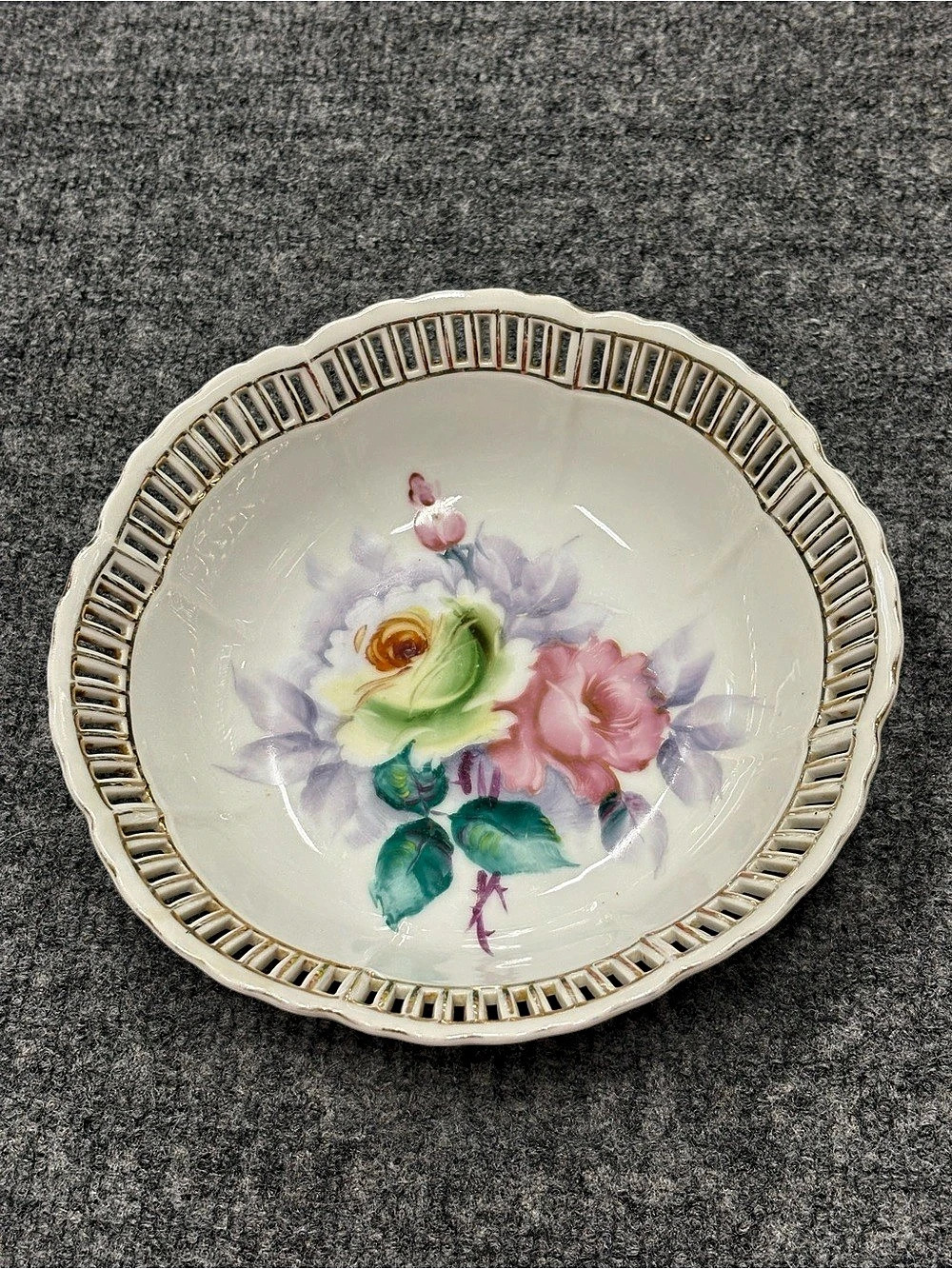 Vintage Shofu Hand Painted Floral Pierced Rim Serving Dish Made in Occupied Japa